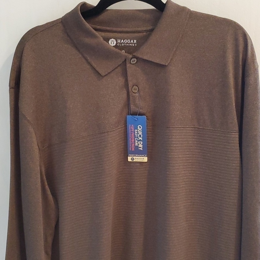 Haggar  NWT LS brown Heather quick dry easy care top size large 100% polyester